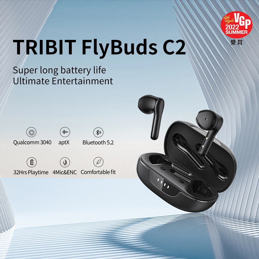 Tribit flybuds C2ワイヤレスbluetoothイヤホン4マイクコールノイズキャンセルクリアな通話イヤ32hプレイタイムヘッドフォン