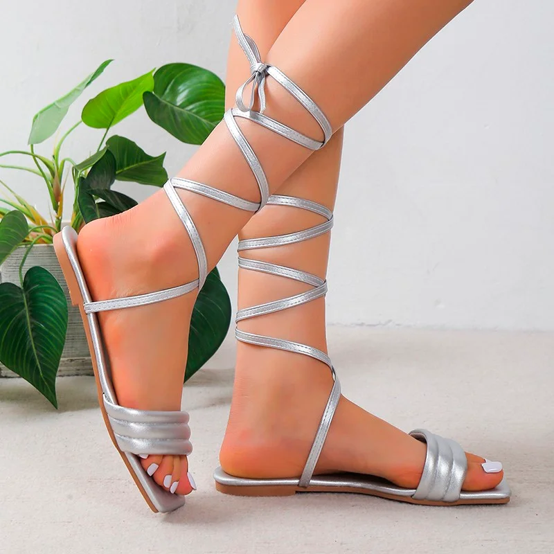 

Summer New Women Square Toe Sandals Lace-up Shoes Sexy Open Toe Flip Flops Slippers Beach Dress Running Slides Women Shoes