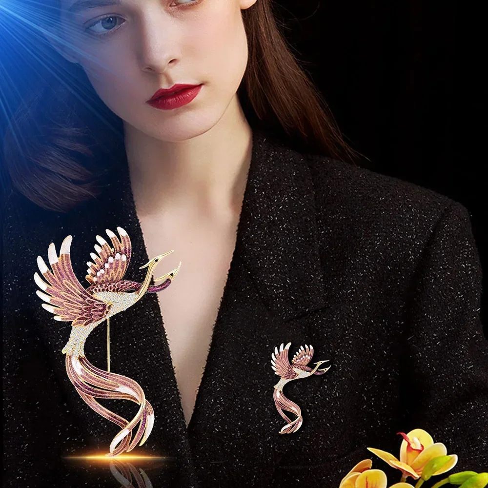 Exquisite Rhinestone Phoenix Brooch for Women Luxury Enamel Color PINs Fashion Cloth Bags Accessories Elegant Bird Jewelry Gifts