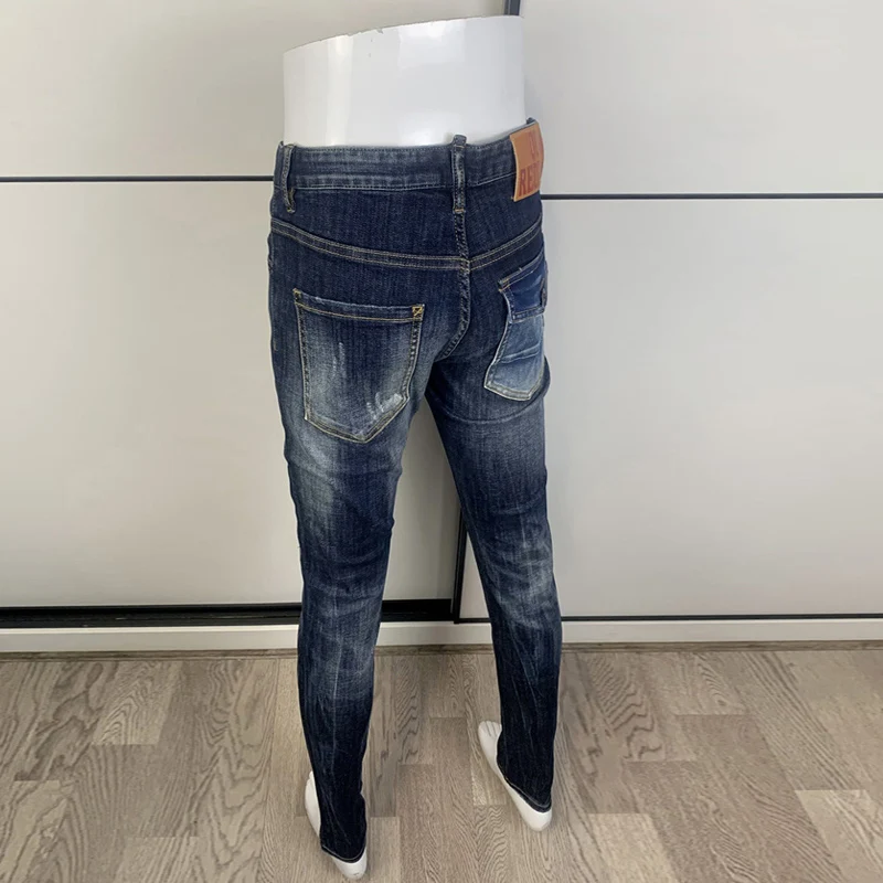 Street Fashion Men Jeans High Quality Retro Blue Elastic Slim Fit Vintage Ripped Jeans Men Pocket Designer Brand Pants Hombre