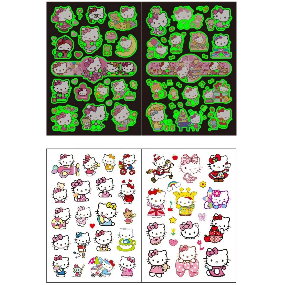 Hello Kitty 헬로 키티 방수 야광 문신 스티커, 여아용 DIY 일기 문구 스티커, 어린이 장난감 선물, 파티 호의