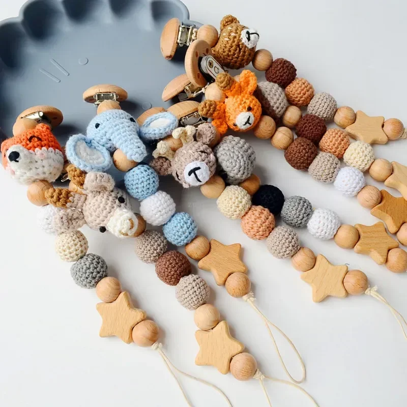 Pacifier Chain Cartoon Bunny Pacifier Chain Clip Wood Crochet Bear Teething Chain Baby Teether Soother Holder Newborn Chew Toys Pacifier Clips