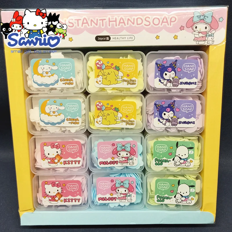 

36pcs Sanrios Hello Kitty Kuromi My Melody Cartoon Soap Flower Wash Hand Box Pom Pom Purin Color Petal Disposable Hand Wash Soap