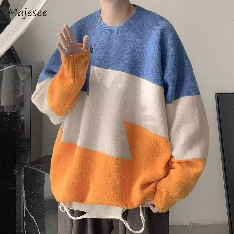 

Contrast Color Sweaters Men Winter Soft Cozy Advanced Youthful Harajuku Long Sleeve High Street Teenagers Charming Lounge Wear