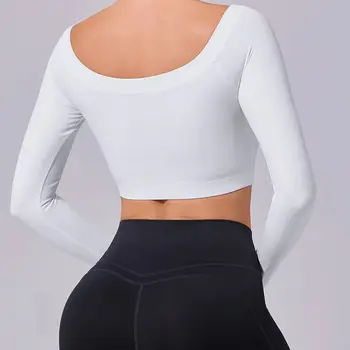 Top sportivo solido da donna T-shirt da yoga con spalle scoperte Manica lunga Allenamento da palestra Camicie da corsa Donne sexy Abbigliamento sportivo da palestra ad asciugatura rapida