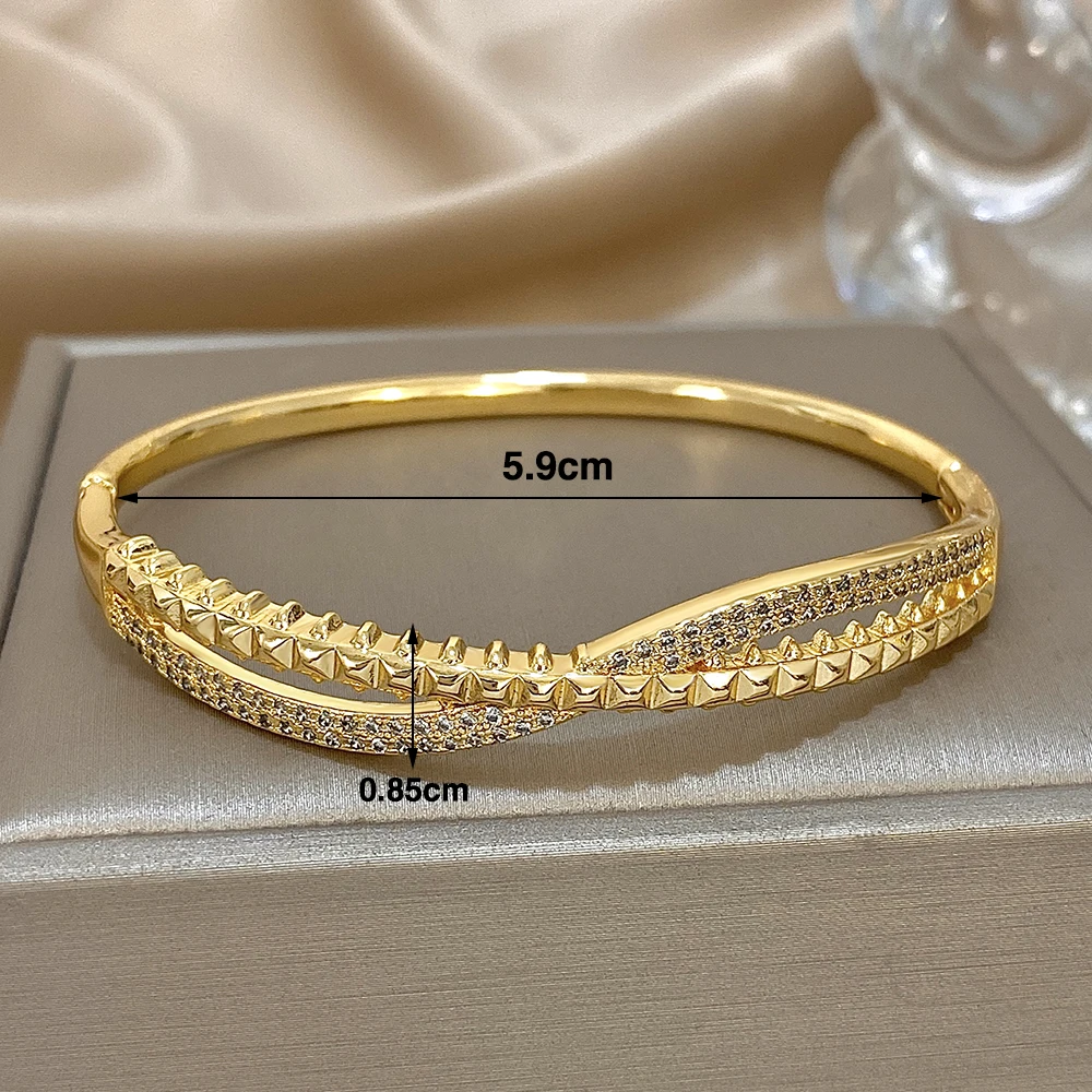 Elegant Zircon Geometric Stackable Cuff Bangle with Rhinestone Charms