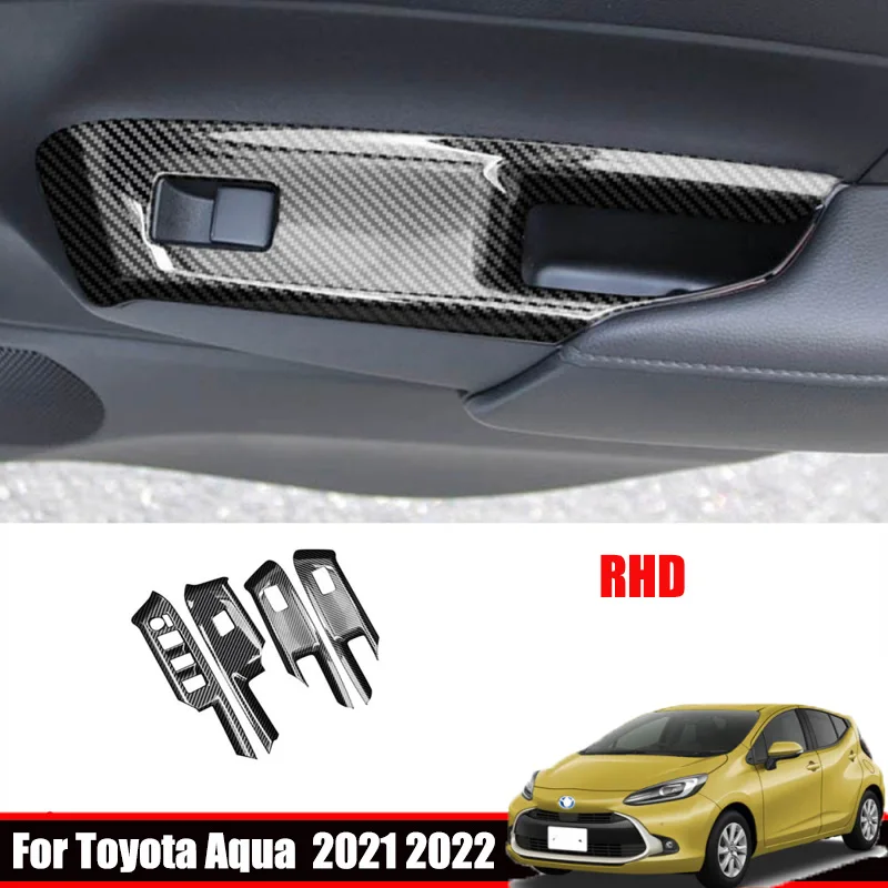 

RHD для Toyota AQUA 2021 AQUA MXPK10 11 15 16 серия ABS карбоновое стекло, кнопка подъема стекла, переключатель управления, панель, рамка, крышка