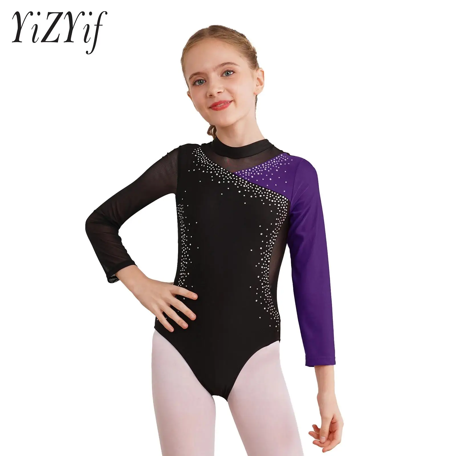 

Kids Girls Dance Gymnastics Leotard Shiny Rhinestone Long Sleeve Unitard Cutout Back Figure Skating Bodysuit