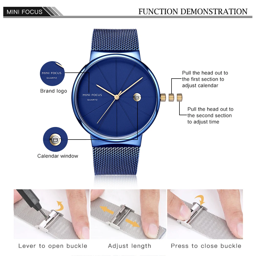 MINI FOCUS Minimalist Men's Waterproof Ultra-Thin Steel Mesh Strap Wristwatch