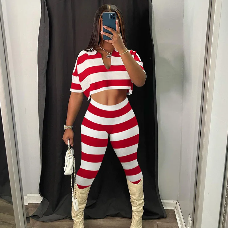 

Женский спортивный костюм с принтом в полоску, летний комплект из двух предметов, укороченный топ и брюки-карандаш, Спортивные Повседневные джоггеры, спортивные костюмы