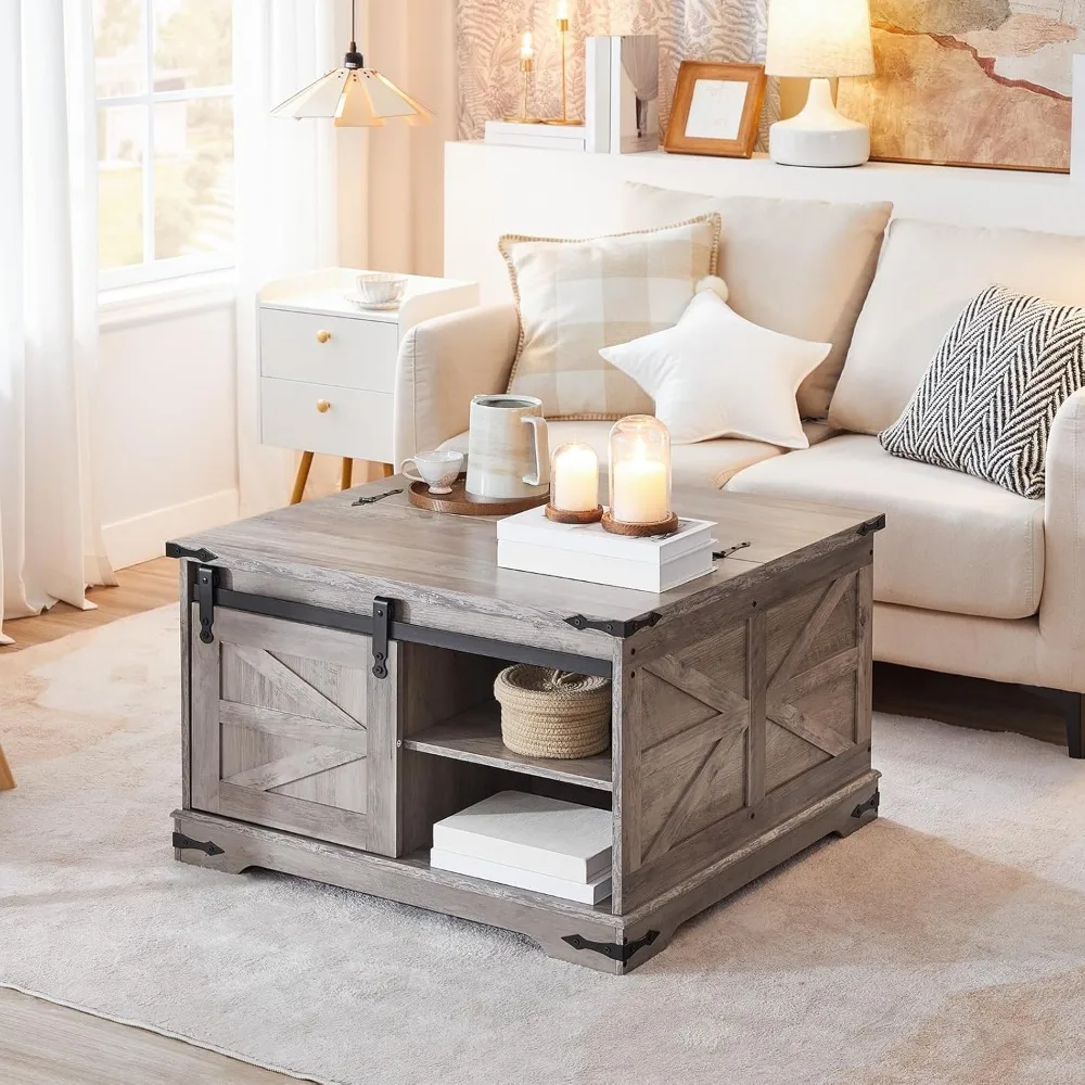 Greige Farmhouse Coffee Table, Large Square Coffee Table for Living Room, Lift Top Coffee Table Square, Wooden Greige 4