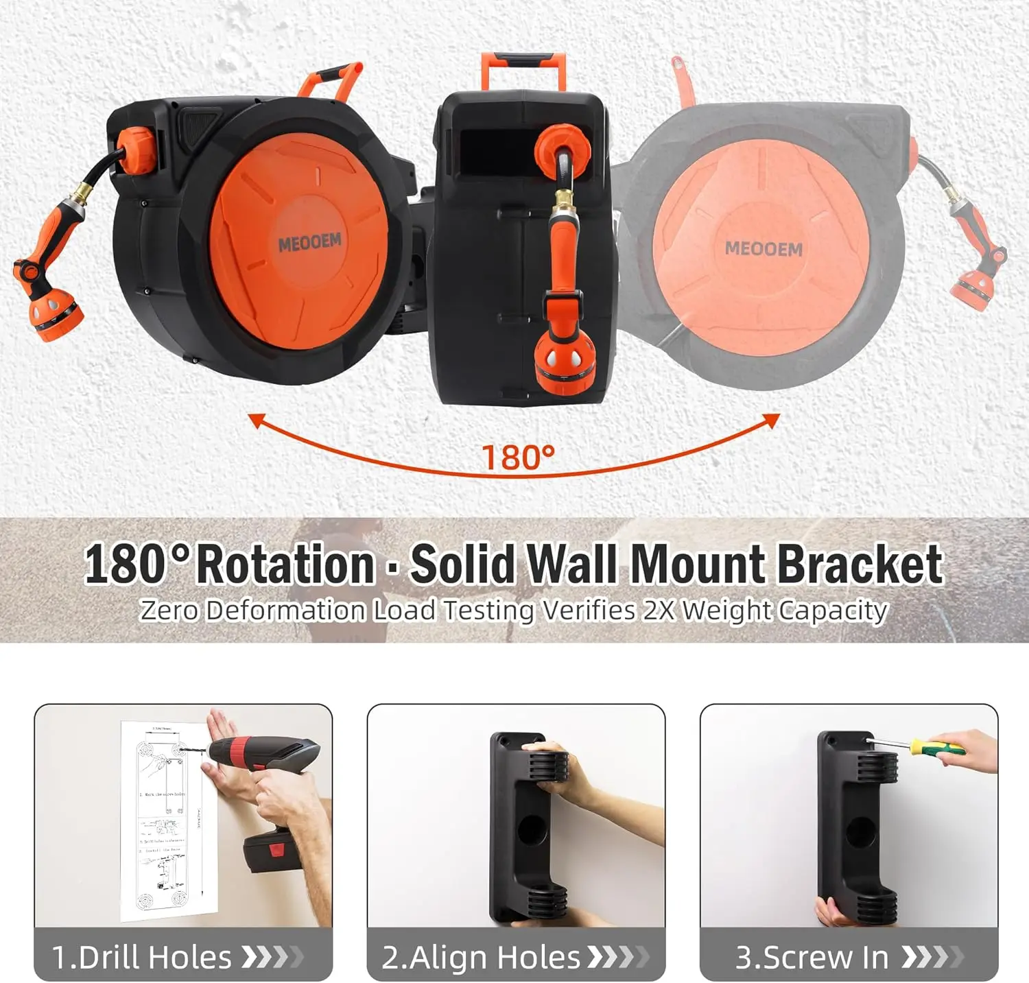 1/2 Inch 150FT Retractable Garden Hose Reel Wall Mounted Heavy Duty, 10 Pattern Nozzle & 180°Swivel Bracket, Automatic Rewind