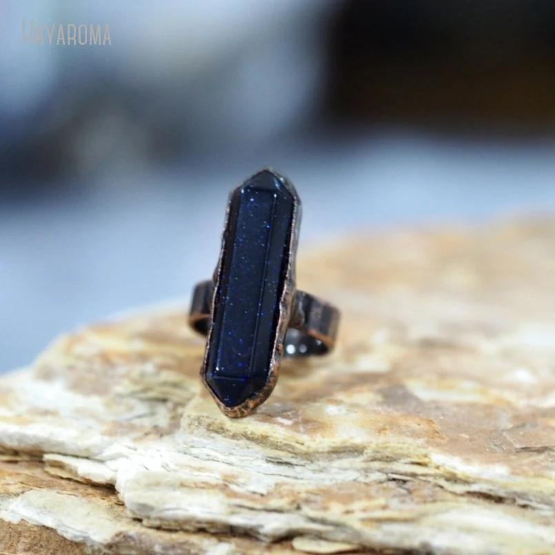 

10Pcs Wholesale Antique Bronze Color Blue Sandstone Vintage Style Double Terminated Point Hexagon Ring RM40991