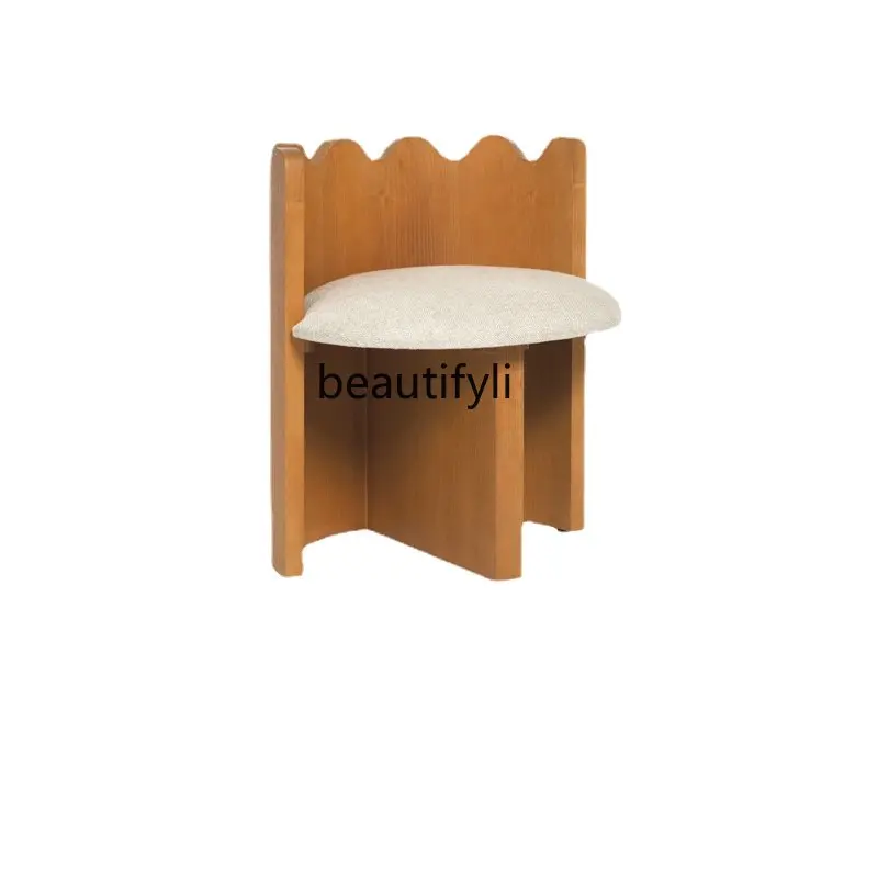 

Solid Wood Dressing Stool Oak Linen Single Cosmetic Chair Lazy Household Backrest Leisure Chair Bedroom Retro Couch