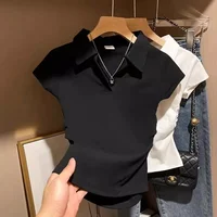 Women's Sweet Spicy Cropped Polo T-Shirt Summer Fitted Waist Ruffled Short Sleeve Top Trend V Neck Tees Casual Wear Slim Fit