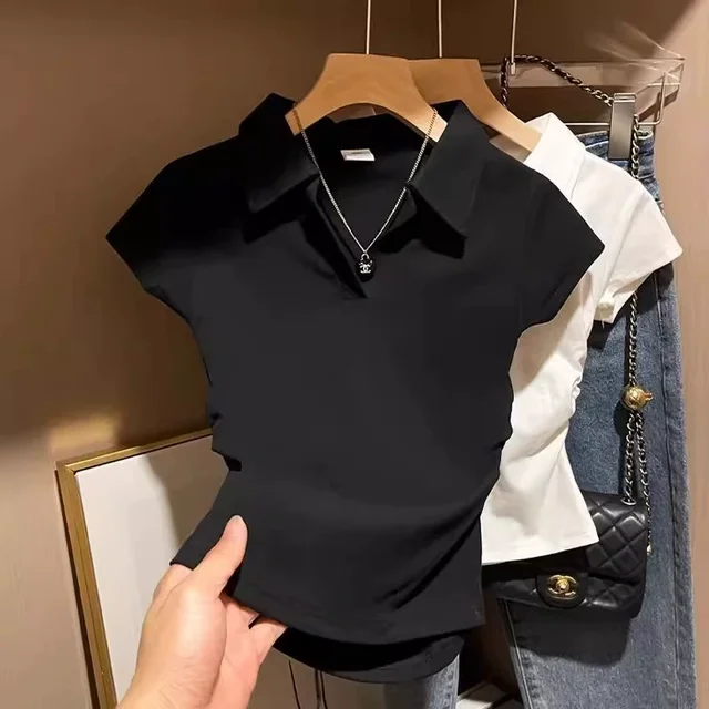 Women's Sweet Spicy Cropped Polo T-Shirt Summer Fitted Waist Ruffled Short Sleeve Top Trend V Neck Tees Casual Wear Slim Fit