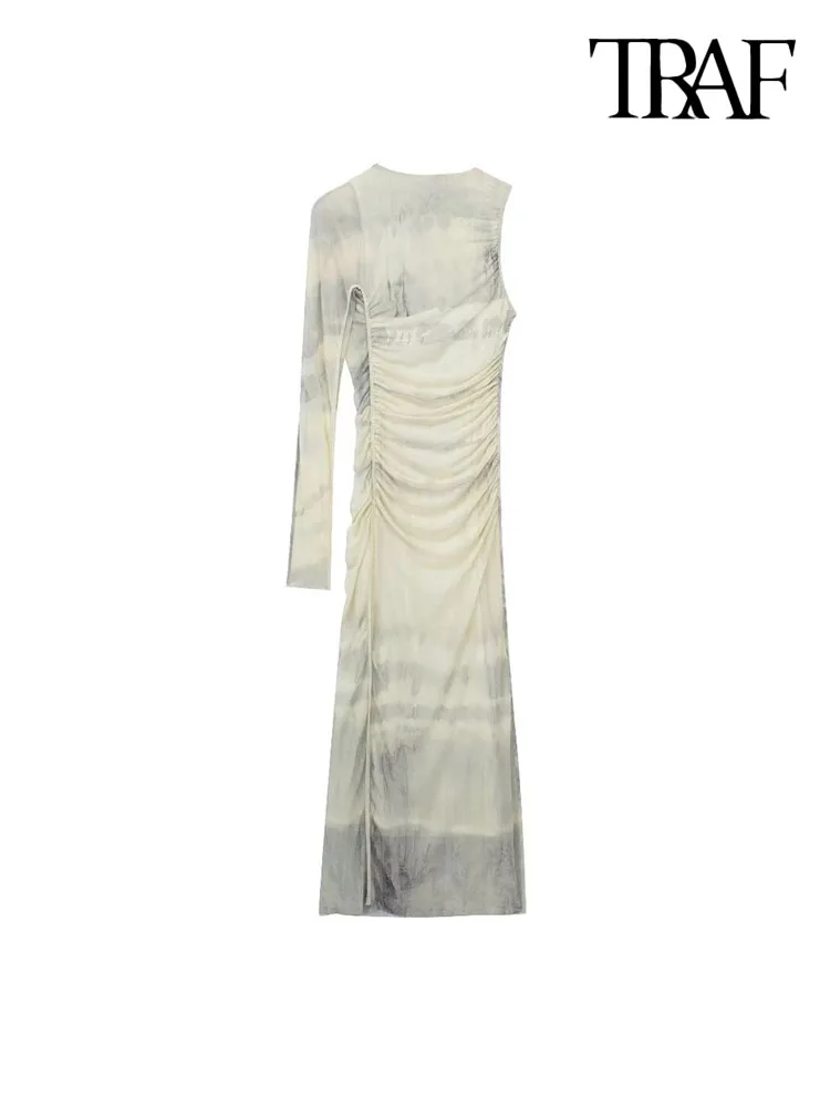 

TRAF Women Fashion Asymmetrical Printed Tulle Semi-sheer Midi Dress Vintage One Long Sleeve Back Zipper Female Dresses Mujer