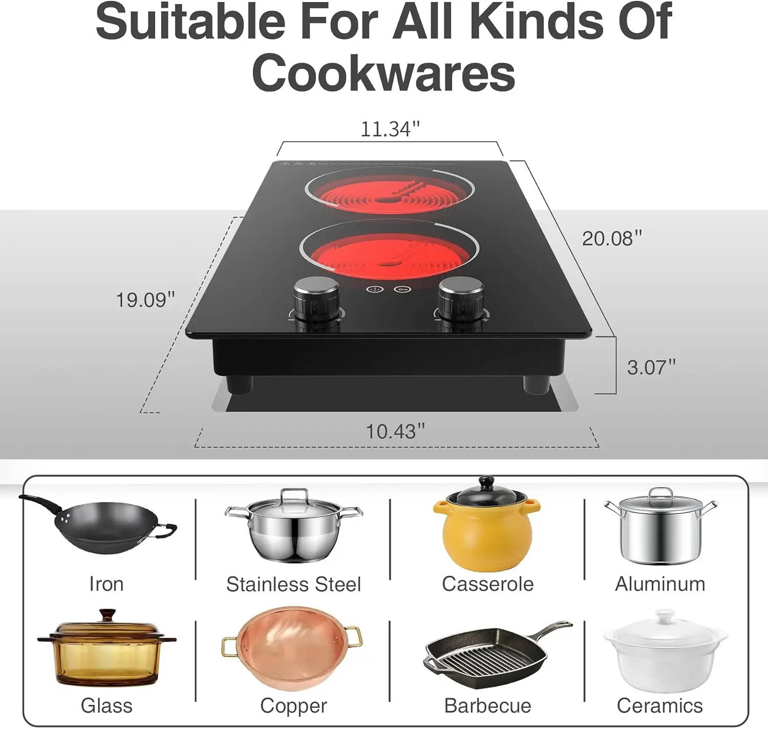 Electric Cooktop,110V 2100W Electric Stove Top with Knob Control, 10 Power Levels, Kids Lock & Timer, Hot Surface Indicator