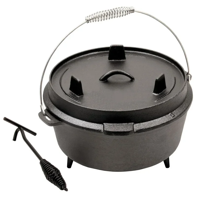 

25cm Camp Dutch Oven Pre Seasoned Cast Iron Lid Also a Skillet Casserole Pot with Lid Lifter for Camping Cooking BBQ Baking 4QT