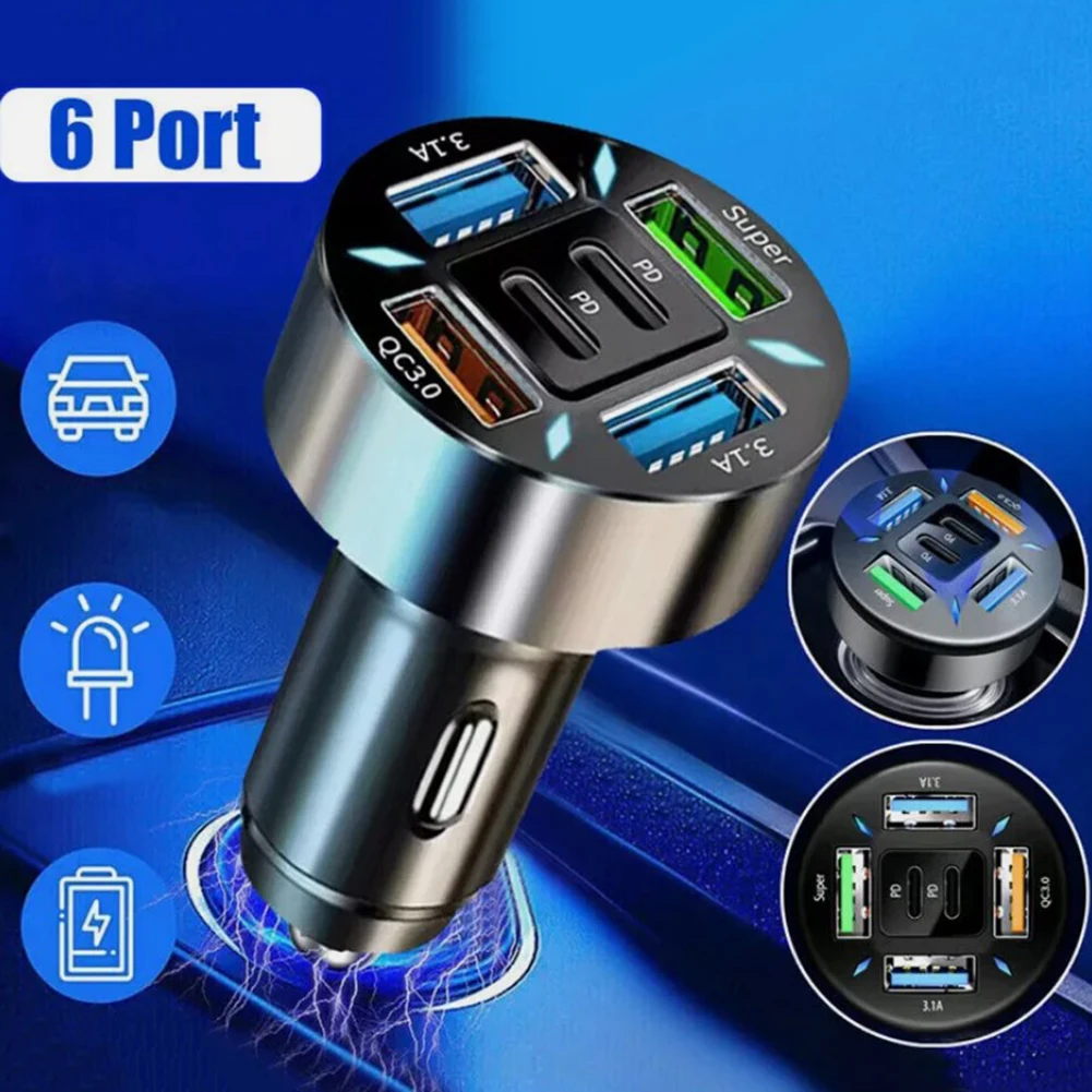 

1pc 6 Ports 66W USB Car Lighter Charger Adapter 2PD 4USB QC3.0 Charging Car Phone Adapter Cigar Lighter For Mobile Phone