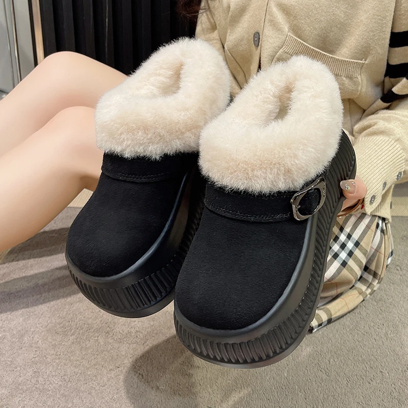 Aphixta Cow Suede Upper Ankle Boots Platform Furry Snow Boots Warm Buckle Dec Women Shoes 9cm High Chunky Casual Shoes