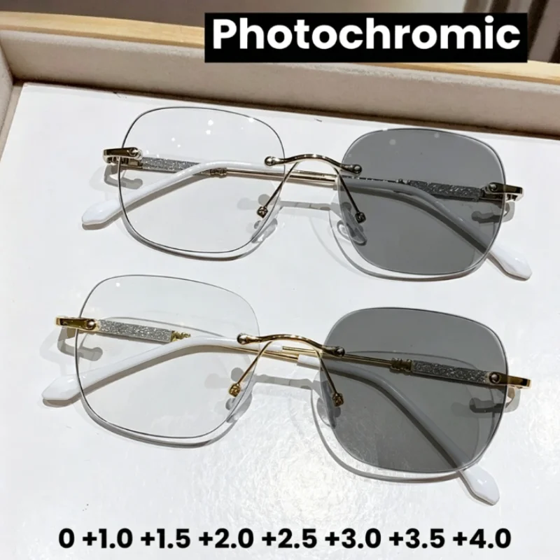 Modische rahmenlose photochrome Lesebrille für Damen sehen jugendlich aus. Hochauflösende, ultraleichte und Anti-Blaulicht-Brille