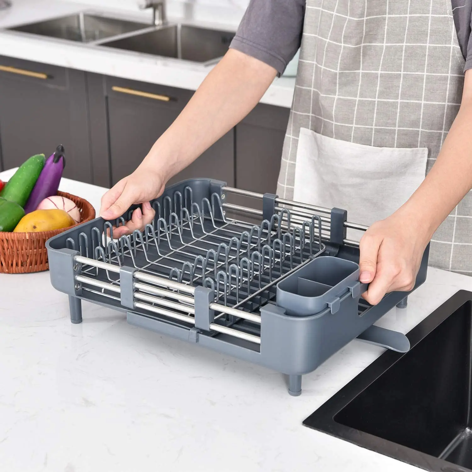 Escurridor de platos – Escurridor de platos expandible – Escurridor grande  de acero inoxidable para encimera de cocina con soporte para copas de vino