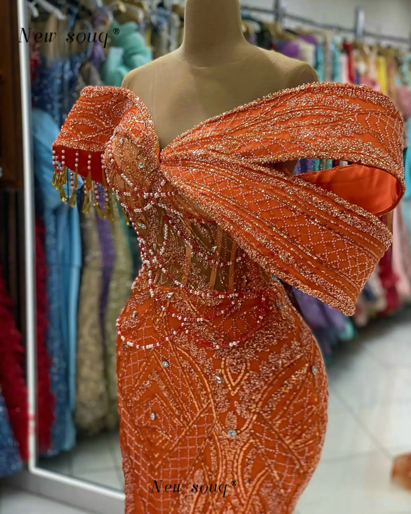Arabic Orange Long Evening Dresses with Bolero Wrap Fashion Sparkly Beaded Sequined Formal Mermaid Gowns for Wedding Party