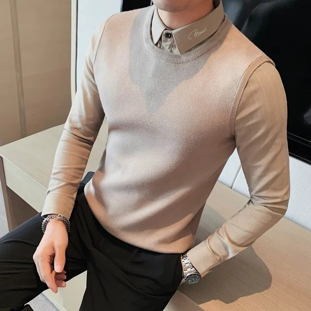 High Quality Autumn Winter British Fake Two Men Knitwears Shirt Collar Solid Color Business Casual Slim Fit Long Sleeves Sweater 1