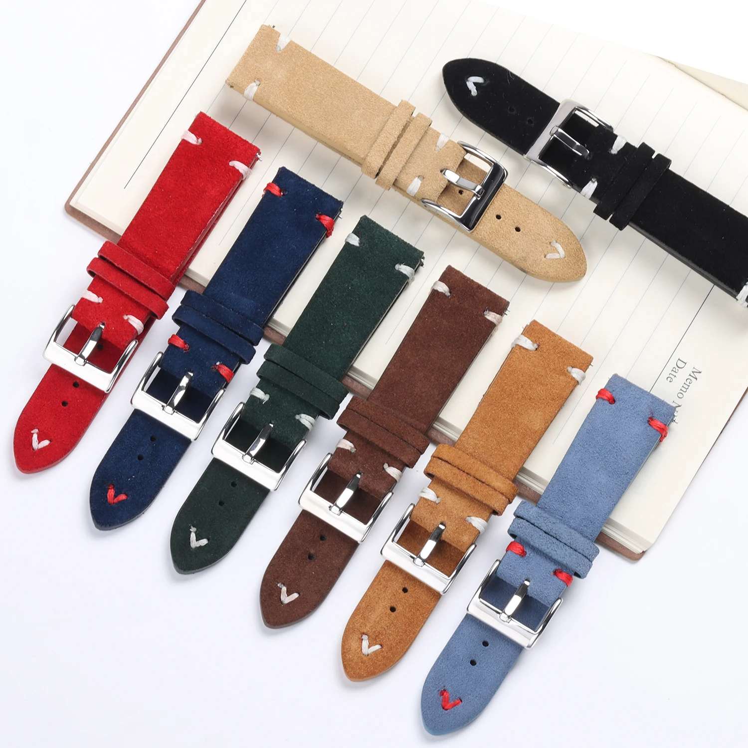 Vintage-Style Suede Leather Watch Strap with Handmade Stitching