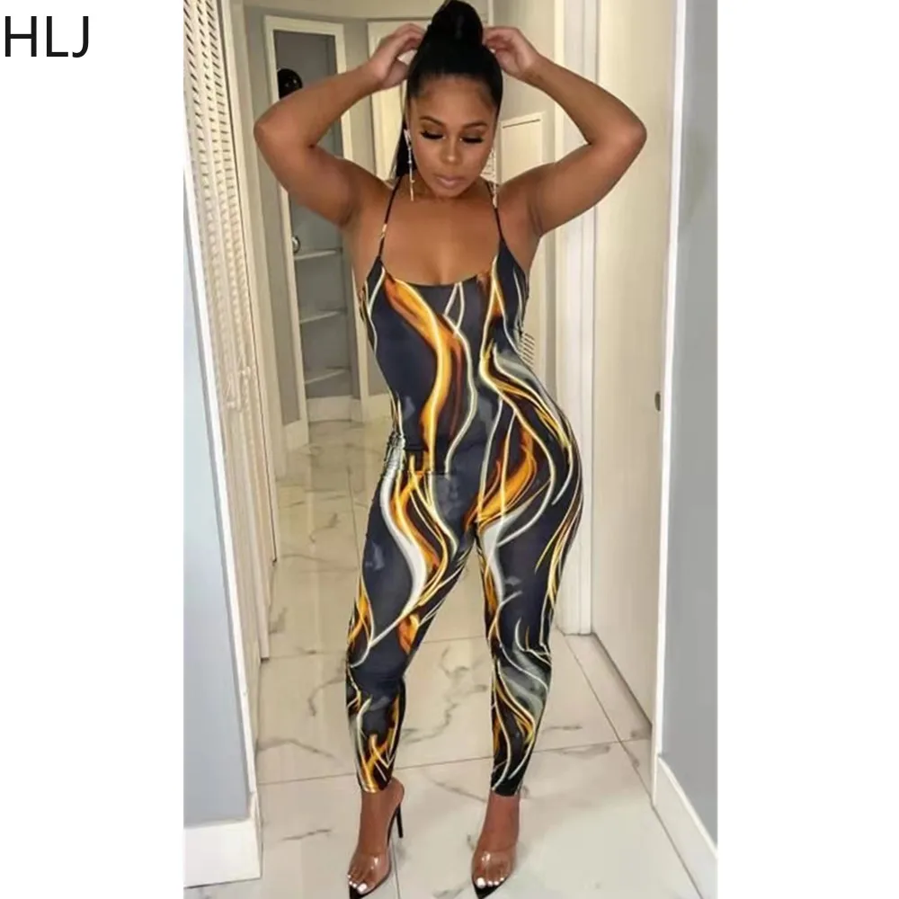 HLJ Sexy Meah Perspective Bodycon Jumpsuits Women Sleeveless Suspenders Slim Rompers Casual Printing Nightblub Clothing 2023 New
