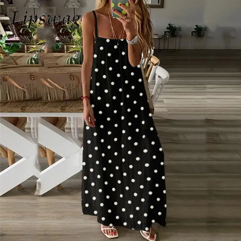 

Elegant Pleat Long Dresses Casual Sleeveless Suspender Square Neck Women Dress 2024 Summer Vintage Polka Dot Beach Dress Lady