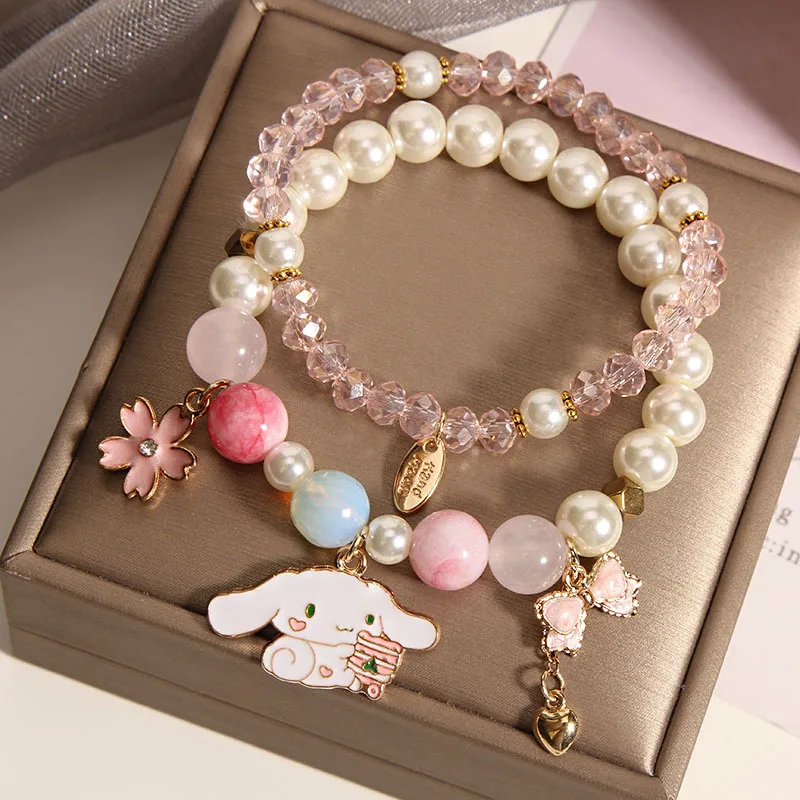 Cute Sanrio Cinnamoroll Crystal Pearl Bracelet Super Kawaii Cartoon Laurel Dog Beaded Bracelet Student Bestie Birthday Gift