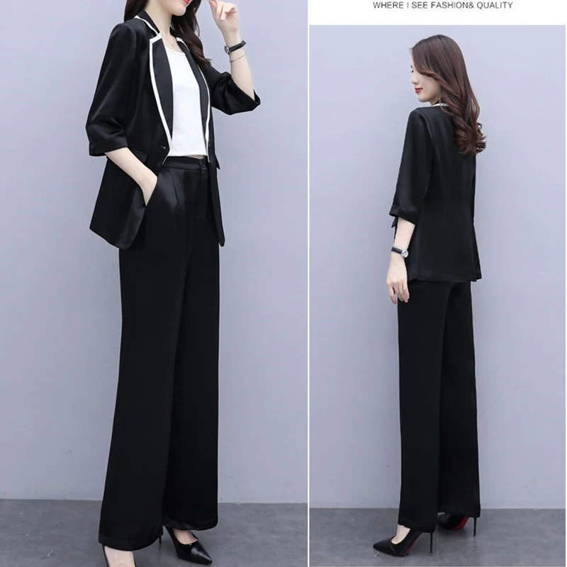 Women Spring Summer Thin Blazers Pants Two Piece Set Office Lady Graceful Patchwork Suit Coats Trousers Outfits Workwear Female