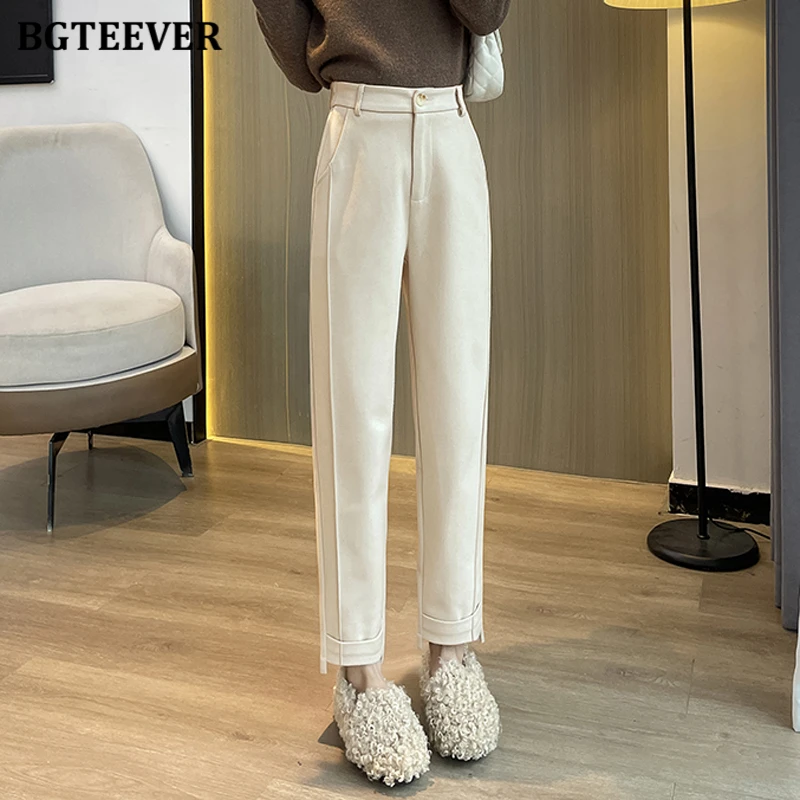 

BGTEEVER Winter Thicken Warm Loose Female Solid Harem Trousers Casual Elastic High Waist Pockets Ladies Woolen Suit Pants