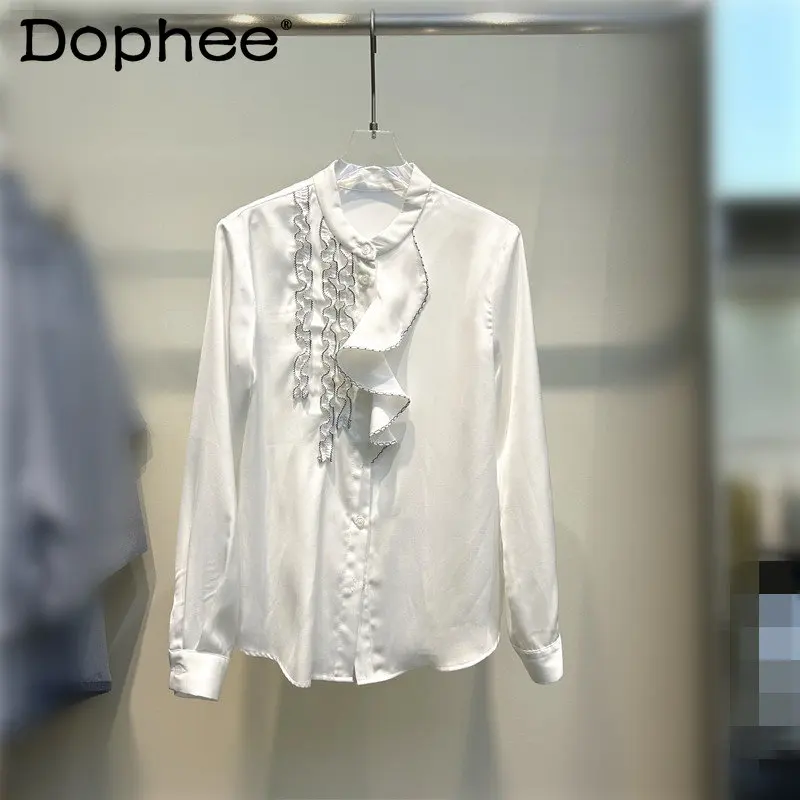 

White Solid Color Lace Collar Shirts Women High-Grade 2023 Spring New Niche Design Long Sleeve Blouse Petite Top Blusas De Mujer
