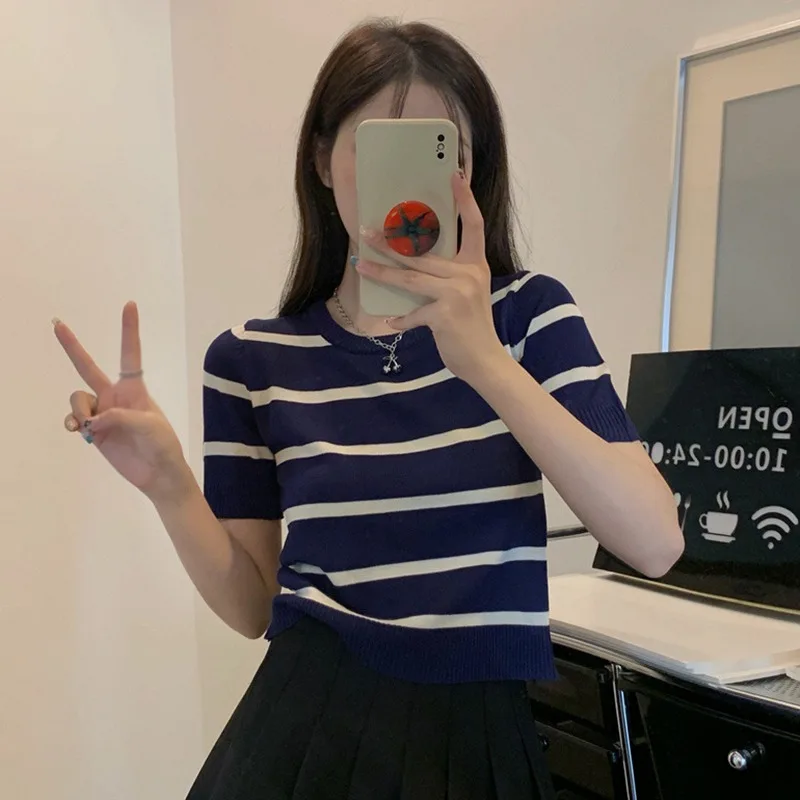 Zomer Casual Mode Gestreepte Bedrukking T-shirt Dames Korte Mouw Pullover Tops Dames Losse O-hals Tee Vrouwelijke Kleding311_voghion.com