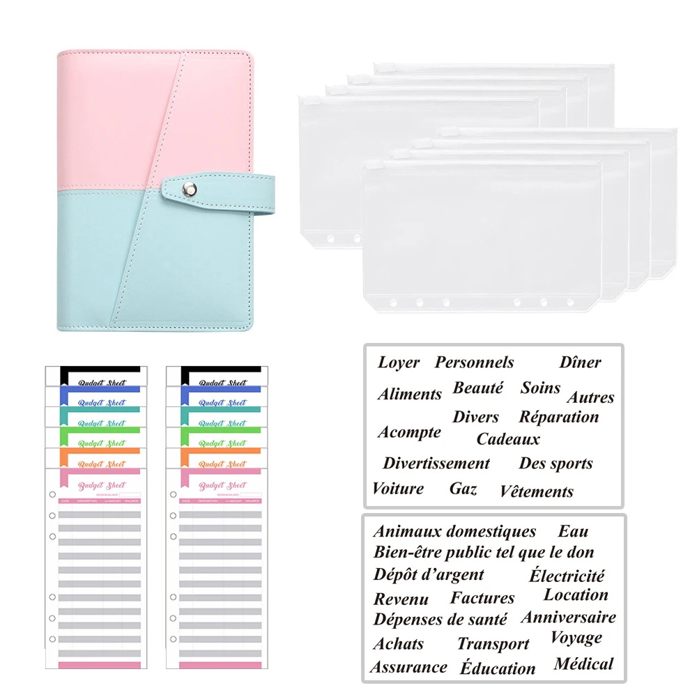 Ice Cream Color A6 Budget Binder Notebook Planner Organizer 8pcs Zipper Pockets 2Pcs French Alphabet Stickers Dropshipping