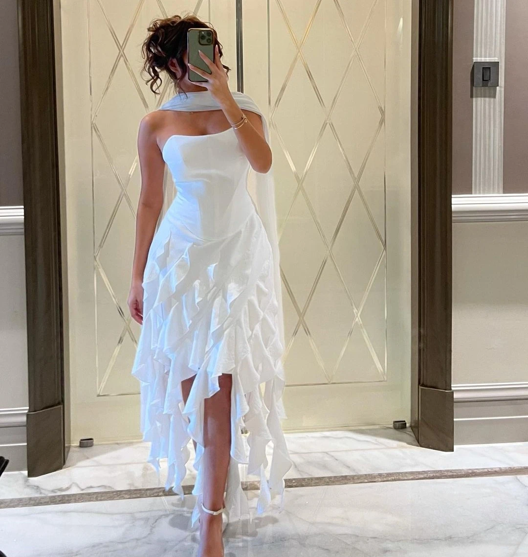 

VD Sexy Ruffles Robe De Cocktail Party Dress with Wraps Strapless Prom Dresses Zipper Back Night Club Women Wear Special Gowns