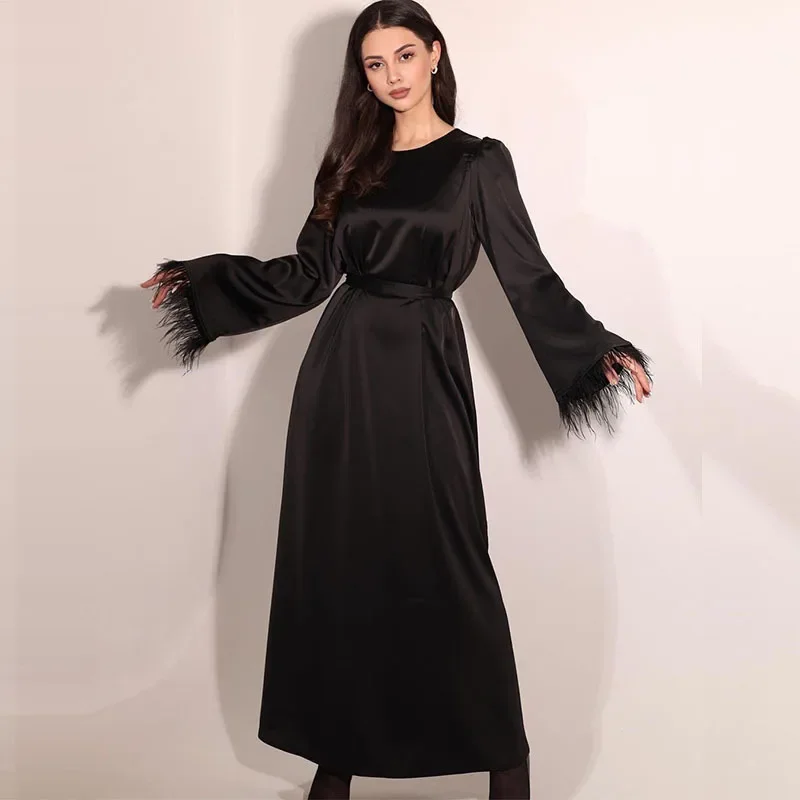 

Spring Fashion Feather Satin Dress Muslim Women Elegant Round Neck Flare Sleeves Lace Up Satin Abaya Dress Women