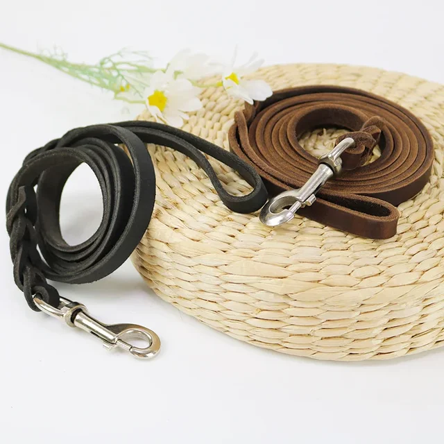 1.2-2.1m Genuine Leather Dogs Leash with Hook Pet Walking Training Brown Black Colors for Medium Large Pet Shepherd Greyhound 3