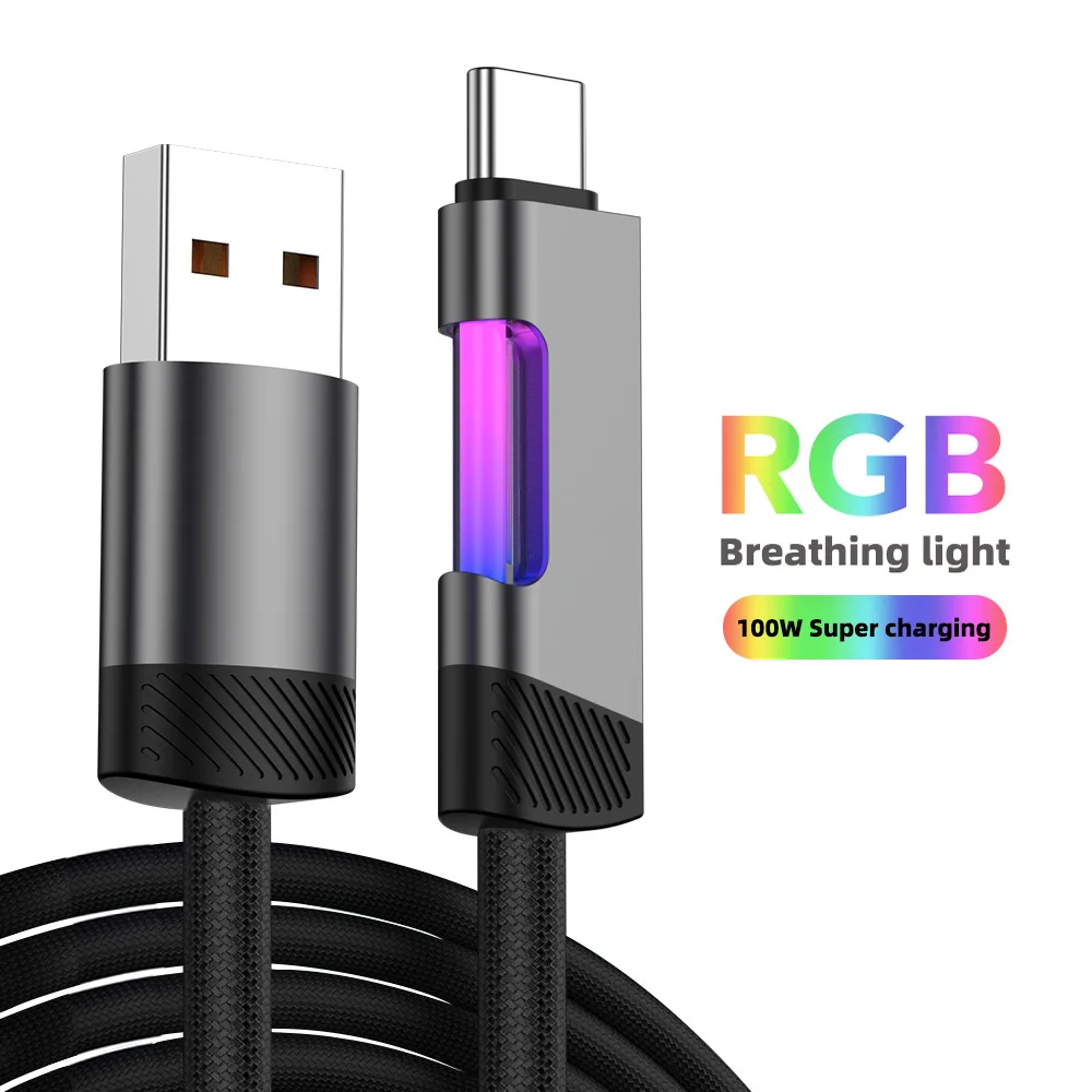 RGB Hızlı Şarj Kablosu 120W 6A RGB Ortam Işığı ile USB Tip C Şarj Kablosu