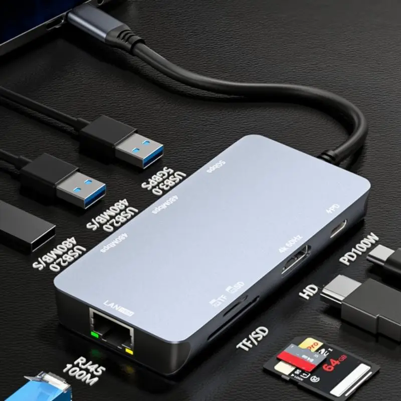 노트북 D2RC용 HDTV 4K 100WPD 충전 카드 리더기가 포함된 USB C 허브 1개에 8개