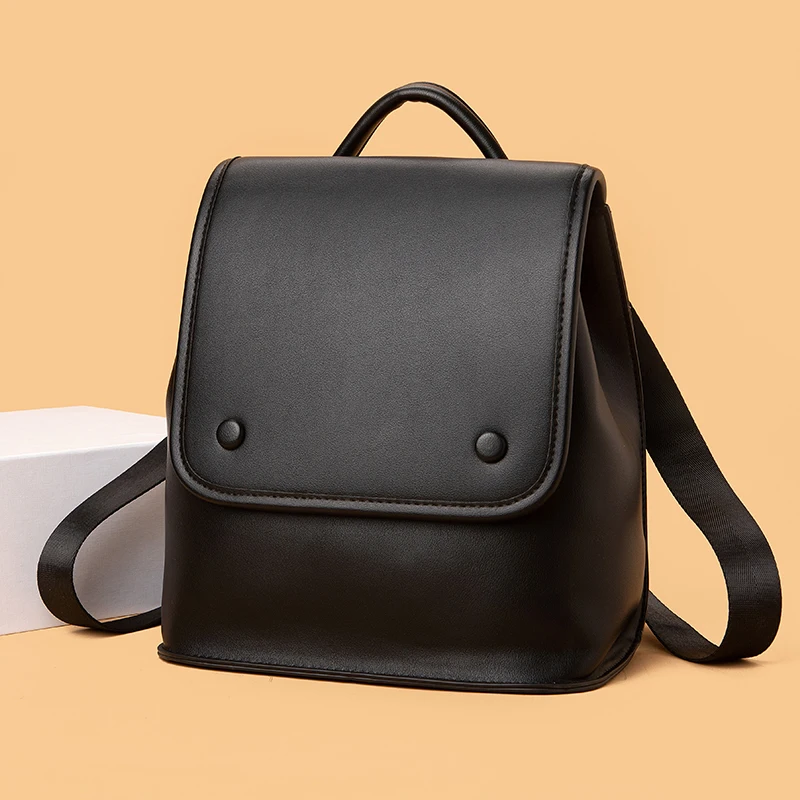 

XZAN Black Small Backpack Delicate Square Flap Ladies Students School Knapsacks Pu Leather Female Aesthetic Original Rucksack