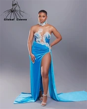 

Sky Blue Mermaid Evening Dress Appliques Birthday Party Gown High Slit Nigeria Vestido De Festa Casamento African