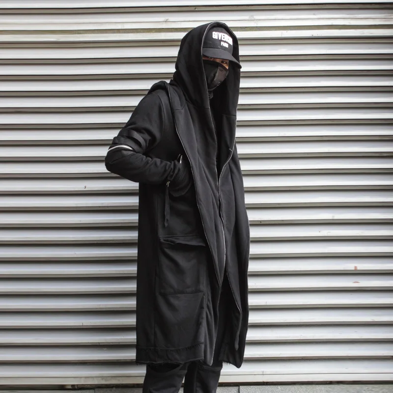 Winter Fake Two Piece Patchwork Punk Hip Hop Trench Coat Long Hooded Cloak Men Techwear Style Gothic Vintage Long Jacket