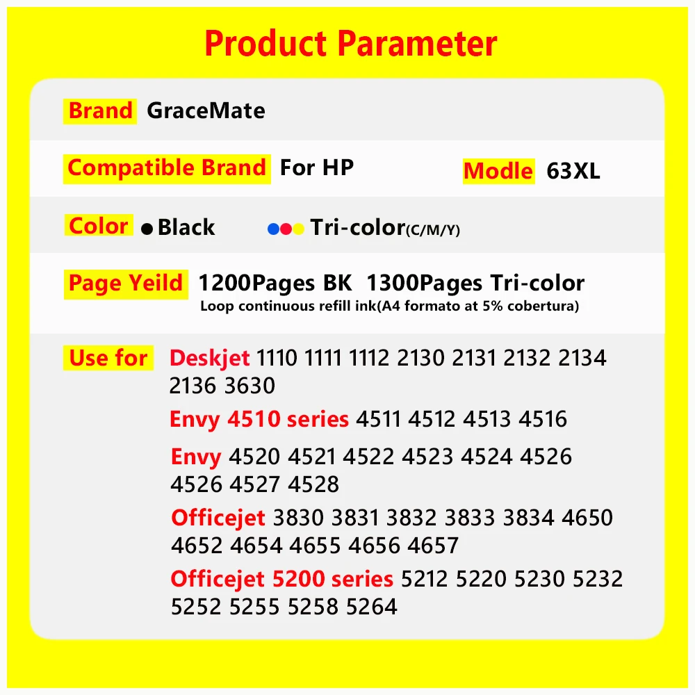 GraceMate 63XL Ink Cartridge Compatible for hp 63 hp63 Ink Cartridge for Deskjet 1110 2130 2131 2132 3630 5220 5230 5252 Printer