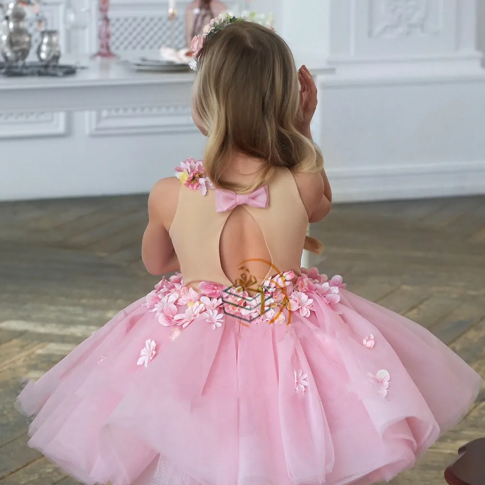 Pink Handmade Flowers Girl\'s Dress Puffy Tulle Knee Length Summer Spring New Birthday Party Gown