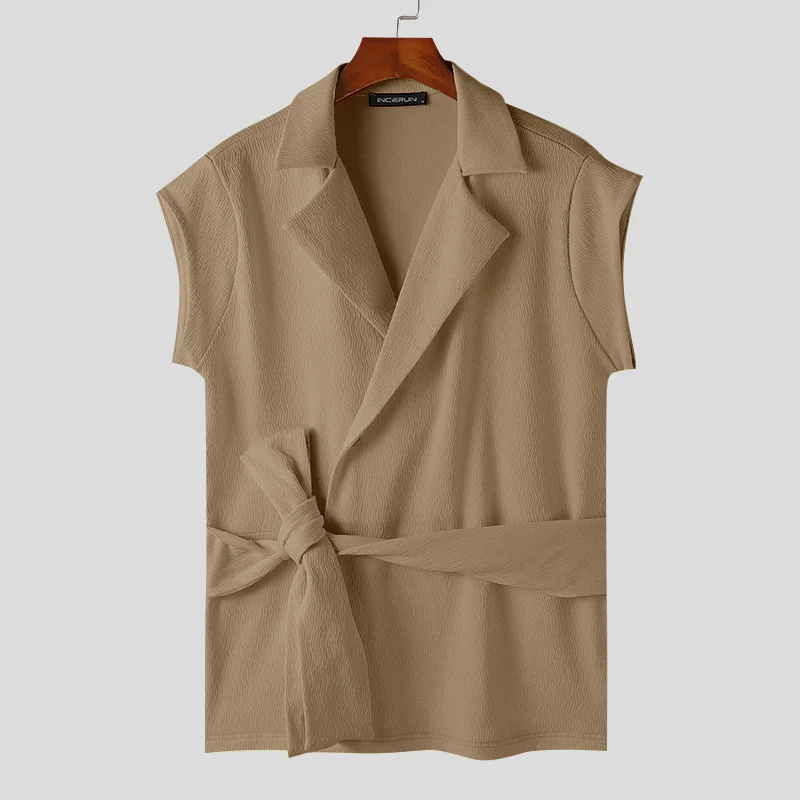 thumbnail image 1 of INCERUN Tops 2024 estilo coreano nuevo para hombres textura diseño de tapeta inclinada camisas moda cordón sin mangas cárdigan blusa S-5XL, 1 of 5
