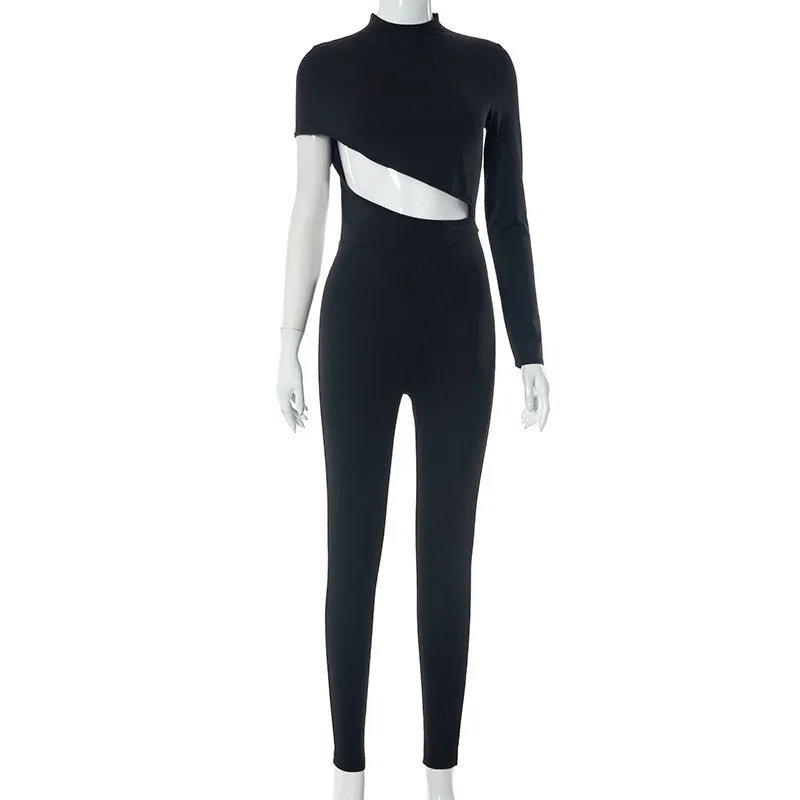 Women Sexy Cut Out Irregular Jumpsuits Black Hipster Long Sleeve One Piece Rompers 2023 Fashion Overalls Streetwear Slim Outfits